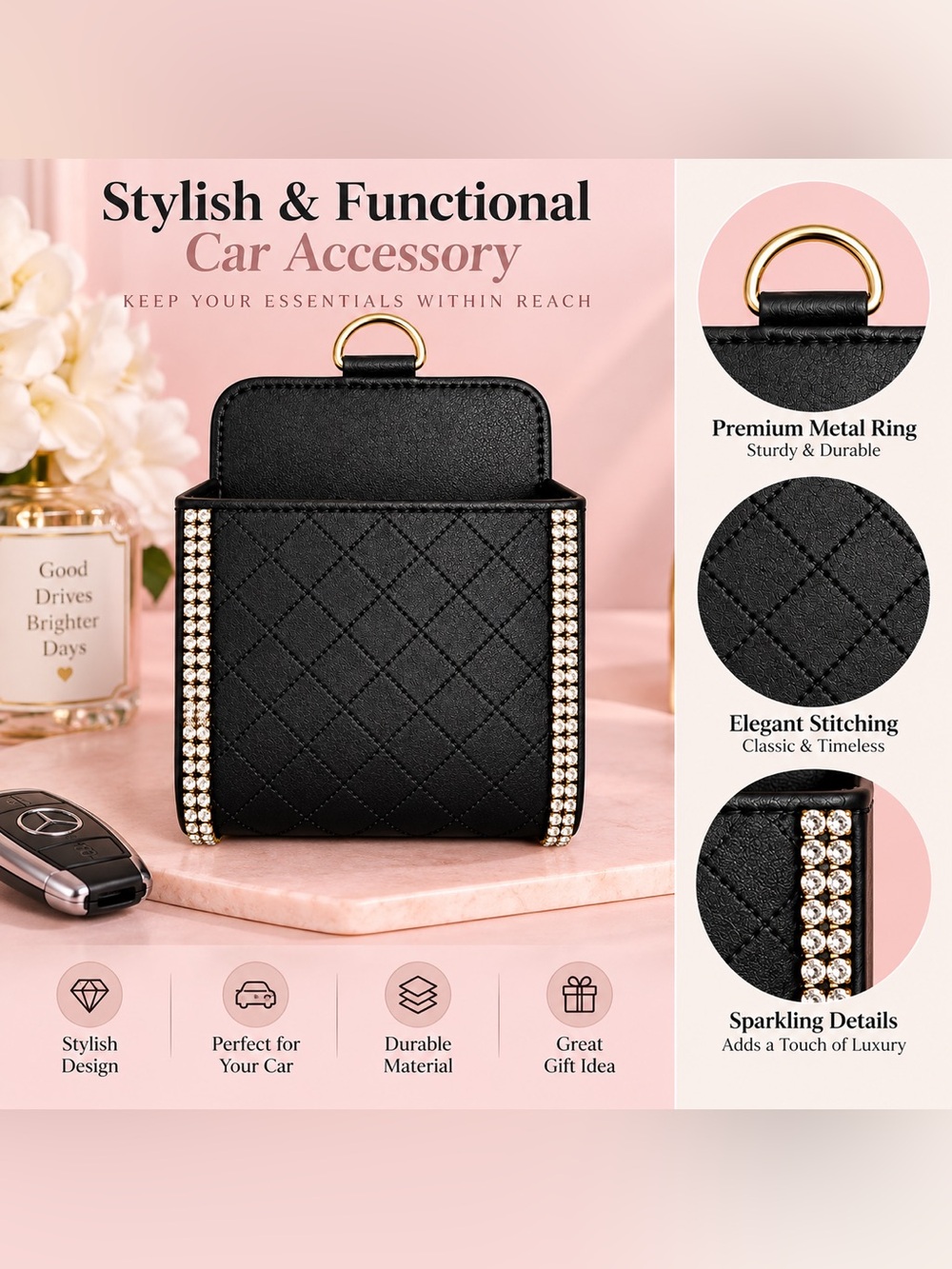 Black Quilted Car Accessory Storage with Rhinestone Trim